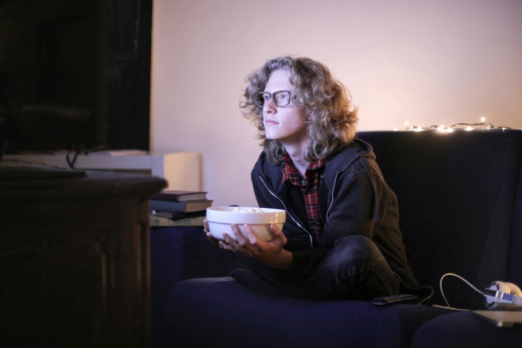 watching movies at home as part of a relaxing evening routine