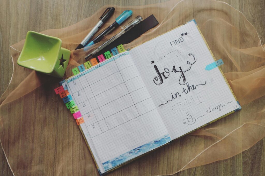 bullet journal spread with monthly goals, habit tracking, and colorful planner tabs